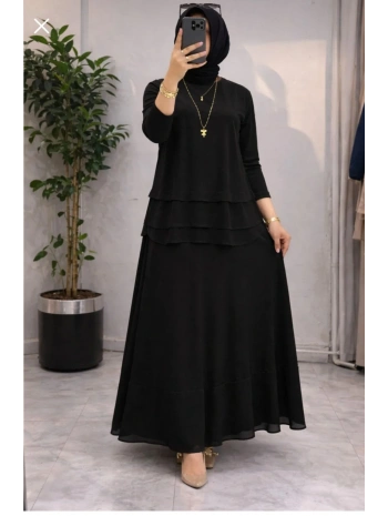 Şifon Detaylı Etekli Takım - Siyah