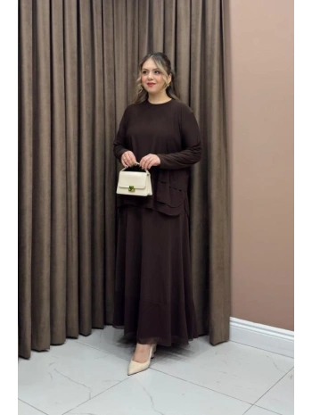 Şifon Detaylı Etekli Takım - Kahverengi