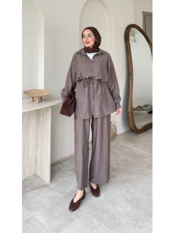 Çilek Kumaş Pantolonlu Takım - Vizon