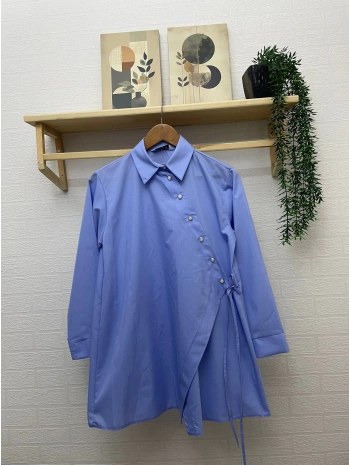 Asimetrik Kesim İnci Düğmeli Gömlek