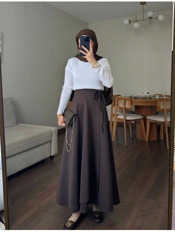 Belden Bağlamalı Scuba Etek - Kahverengi