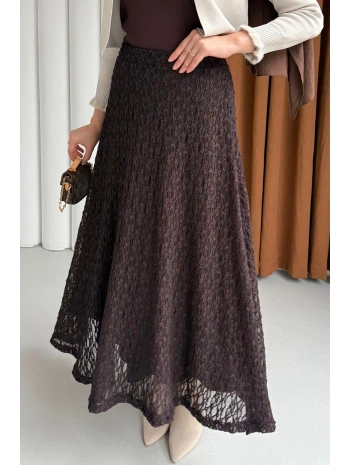 Beli Lastikli Güpür Etek - Kahverengi