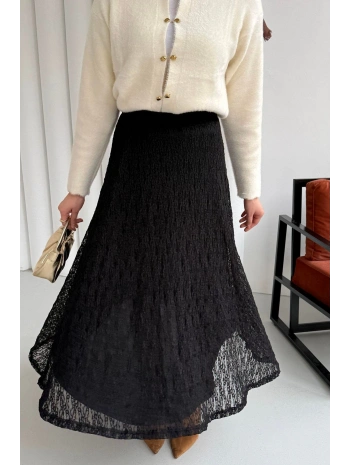 Beli Lastikli Güpür Etek - Siyah