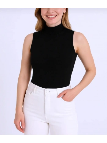 Boğazlı Yaka Kolsuz Badi - Siyah