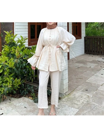 Brit Düğmeli Kuşaklı İkili Takım - Bej