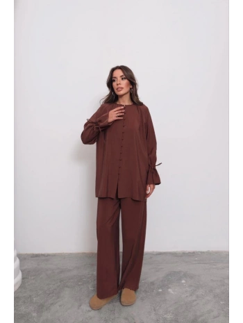 Brit Düğmeli Kuşaklı İkili Takım - Kahverengi