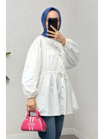 Büzgülü Bağcıklı Tunik - BEYAZ