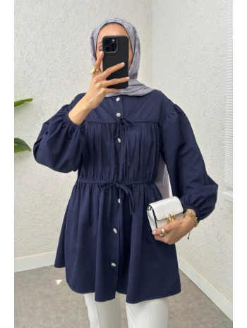 Büzgülü Bağcıklı Tunik - Lacivert