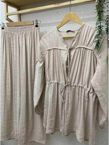 Büzgülü Pantolonlu Takım - Bej