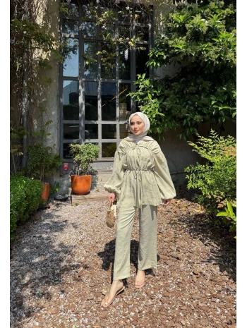 Büzgülü Pantolonlu Takım - Yeşil