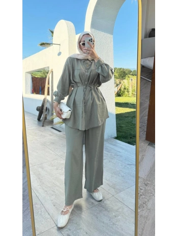 Çilek Kumaş Pantolonlu Takım - Yeşil