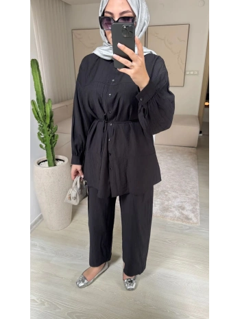 Çilek Kumaş Pantolonlu Takım - Siyah