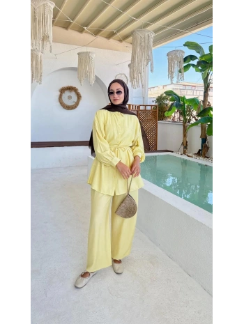 Çilek Kumaş Pantolonlu Takım - Sarı