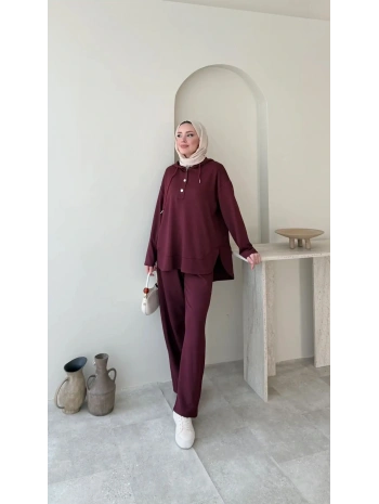 Çıtçıt Düğmeli Kapüşonlu Rahat Spor Takım - Bordo