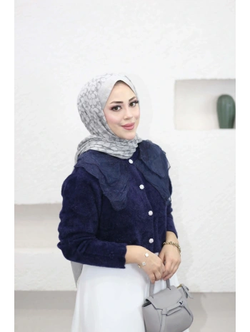 Dantel Yaka Angora Hırka - Lacivert