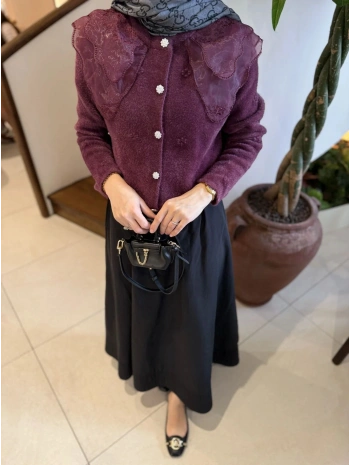 Dantel Yaka Angora Hırka - Mürdüm
