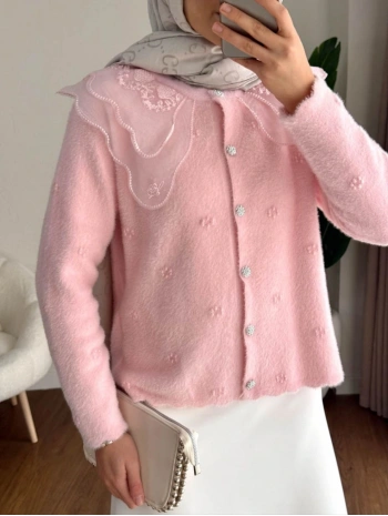 Dantel Yaka Angora Hırka - Pembe