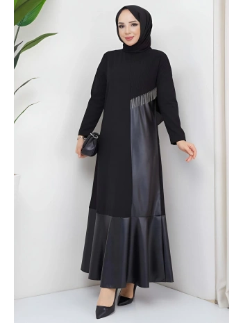 DERİ DETAYLI ŞIK ELBİSE