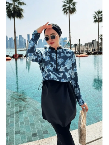 Dijital Baskılı Tesettür Mayo - Mavi