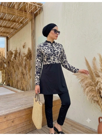 Dijital Baskılı Tesettür Mayo - SiyahBeyaz