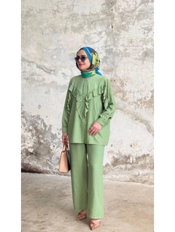 Fırfırlı İkili Pantolonlu Takım - Yeşil