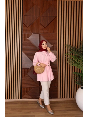Geniş Kemerli Poplin Gömlek - Pembe