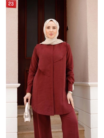 İpek Ten.sel Pantolonlu Takım - Bordo