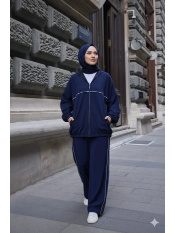 Kapüşonlu Çizgili Rahat Takım - Lacivert