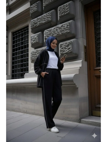 Kapüşonlu Çizgili Rahat Takım - Siyah