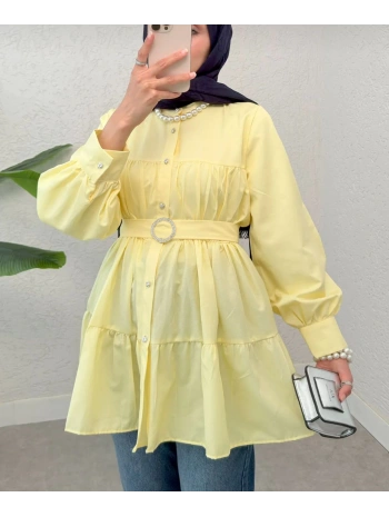 Kemerli Beli Lastikli Tunik - Sarı