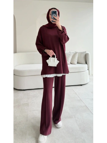 Kol Düğme Detaylı Takım - Bordo