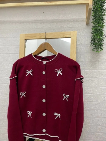 Kurdela Fiyonklu Triko Hırka - Bordo