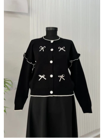 Kurdela Fiyonklu Triko Hırka - Siyah