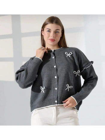 Kurdela Fiyonklu Triko Hırka - Gri