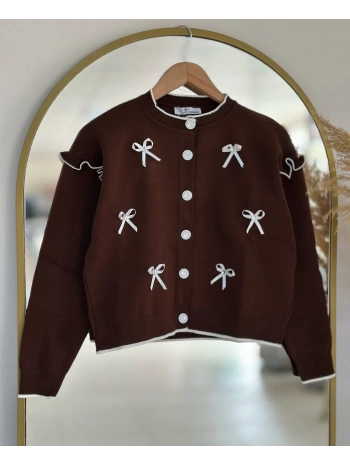 Kurdela Fiyonklu Triko Hırka - Kahverengi