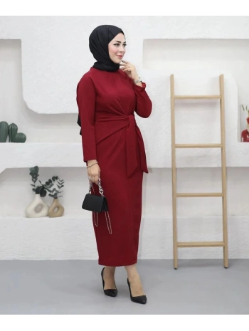 KUŞAK BAĞLAMALI KREP ELBİSE (135cm)