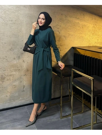 KUŞAK BAĞLAMALI KREP ELBİSE (135cm)