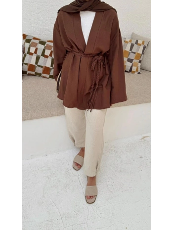 Örgü Kuşaklı Kimono - Kahverengi