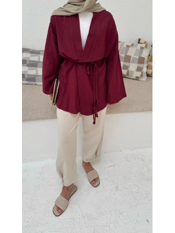 Örgü Kuşaklı Kimono - Bordo