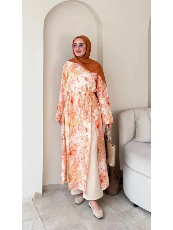 Linda Yırtmaçlı Tunikli Pantolonlu Takım - Turuncu