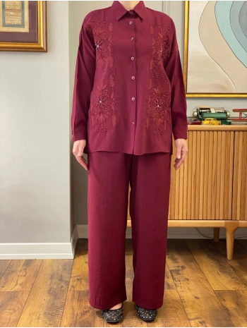 Nakış ve Taş İşlemeli İkili Takım - Bordo