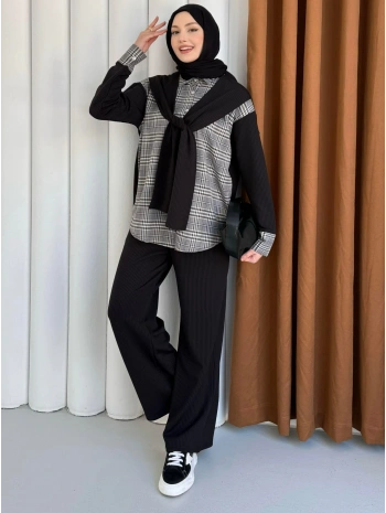 Atkı Detaylı İkili Takım - Siyah