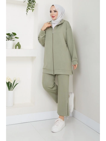 Paçası Fermuarlı Kapüşonlu Ikili Takım - Kadın Yeşil