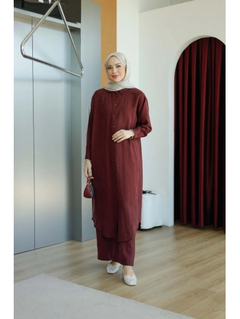 Pantolonlu Uzun Gömlekli Takım - Bordo