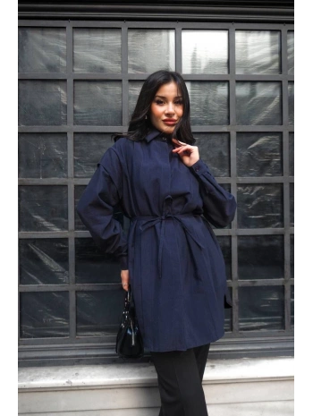 Pile Detaylı Kuşaklı Tunik - Lacivert