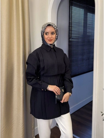 Pile Detaylı Kuşaklı Tunik - Siyah