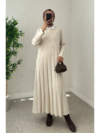 Piliseli Şeritli Triko Elbise - Bej