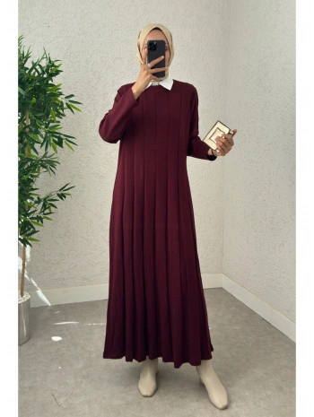 Piliseli Şeritli Triko Elbise - Bordo