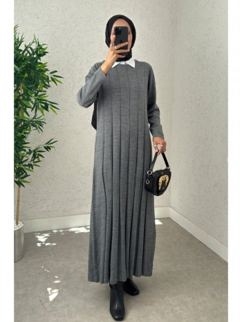 Piliseli Şeritli Triko Elbise - Gri