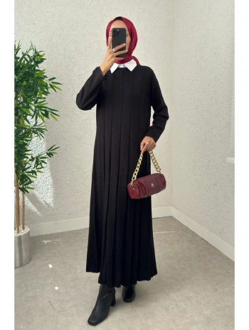 Piliseli Şeritli Triko Elbise - Siyah